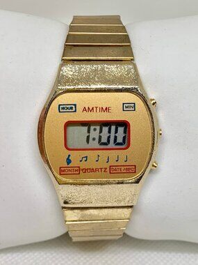Vintage Amtime watch digital lcd 32mm gold tone quartz stretch band 6.5” running